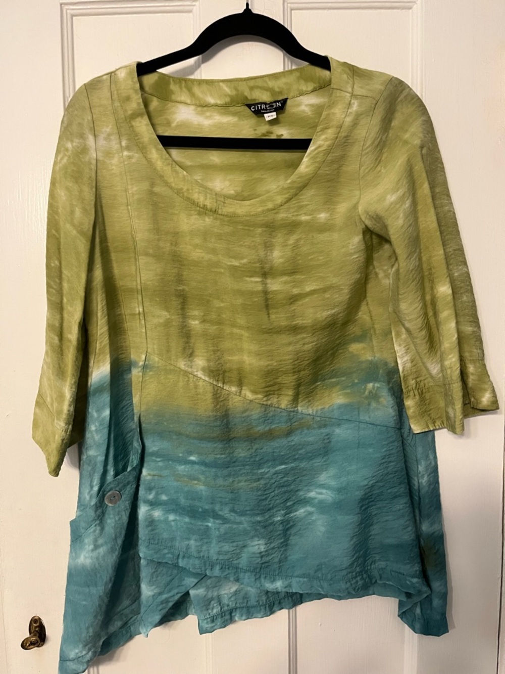 Citron Green Blue Watercolor Ocean Ombre Silky Top Swing Artsy Boho Hippie Beach